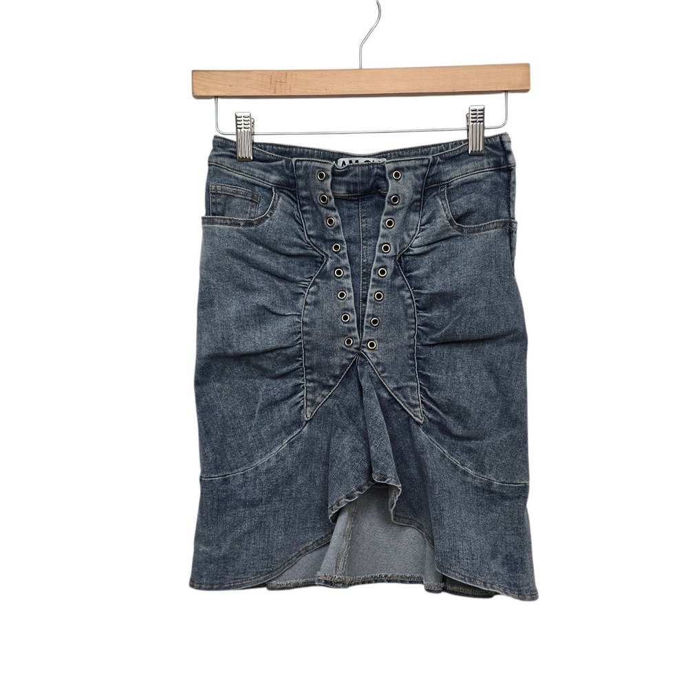 I.AM.GIA Women Blue Denim Lace Up Corset Mini Skirt Grommet Ruffle Hem sz Small
